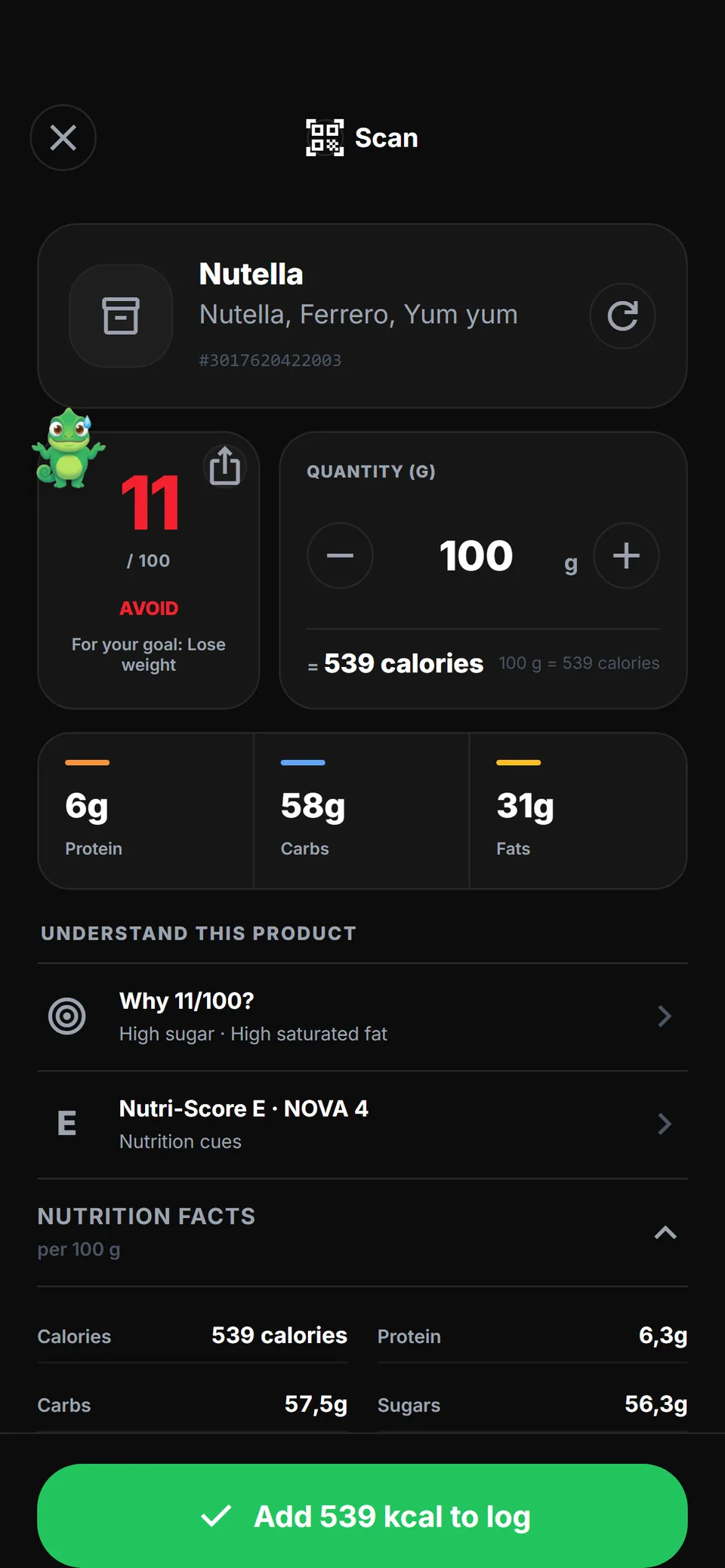 Scheda prodotto ZymFit: Nutella scansionata, voto 11 su 100 per l'obiettivo perdita di peso, Nutri-Score E e NOVA 4