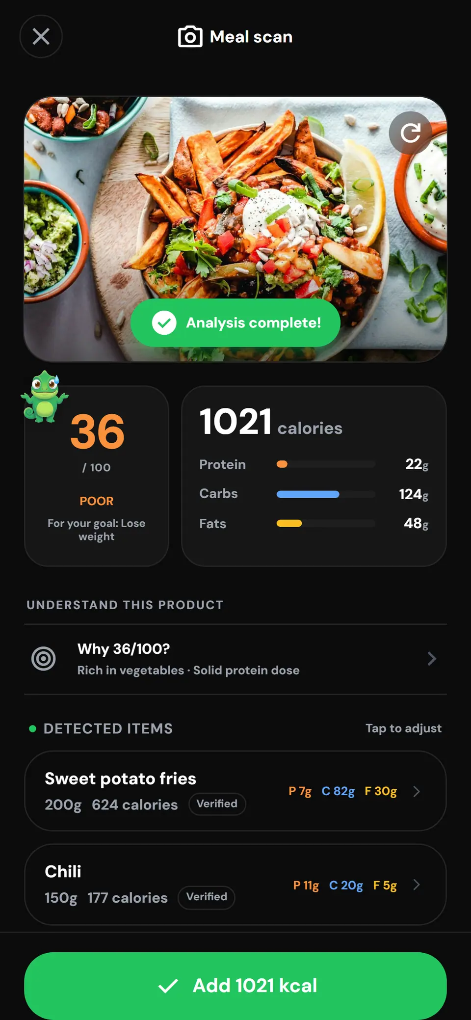 Analisi foto ZymFit: alimenti del piatto riconosciuti dall'IA, calorie e macro dettagliate, voto su 100 in base all'obiettivo